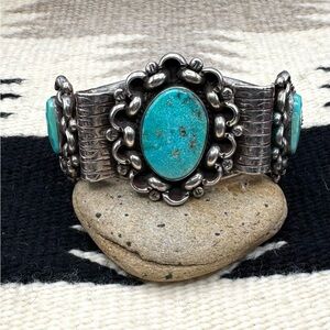 Native American Heavy Sterling Silver Natural Turquoise Cuff Bracelet 7.5"